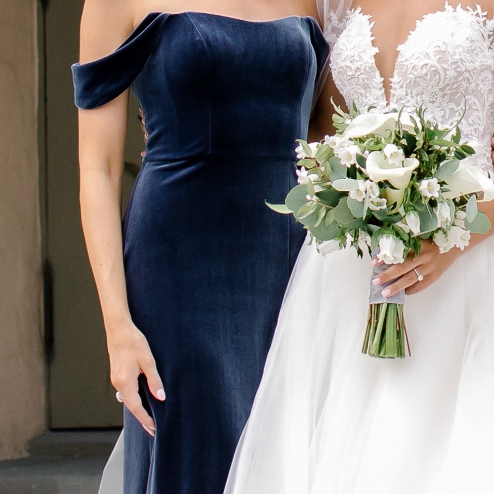 Velvet Beholden off the shoulder gown
